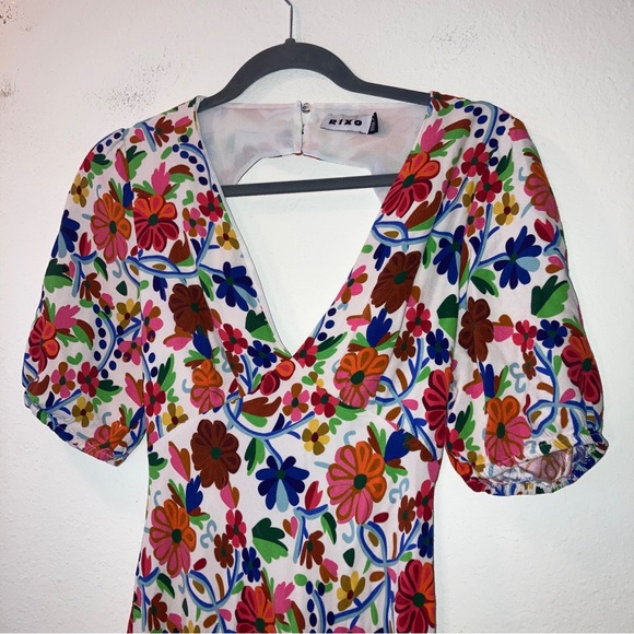 RIXO Steph floral cut out puff sleeve midi dress cream multicolor retro size 6 - Picture 6 of 16